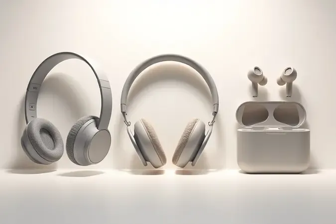 Renderização 3D exibindo silhuetas de diferentes tipos de fones de ouvido: over-ear, on-ear e earbuds, em composição minimalista.