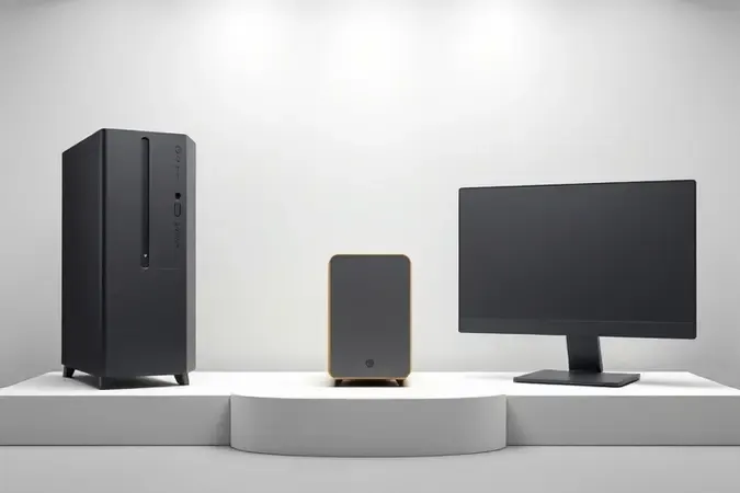 Três formatos de computadores desktop exibidos como esculturas abstratas minimalistas lado a lado em composição 3D.