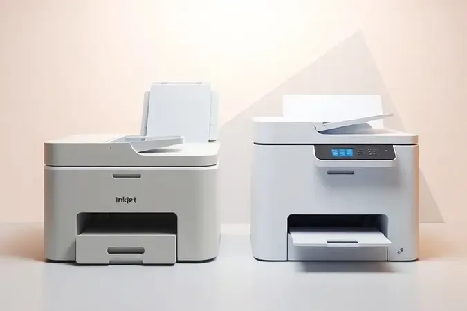 Render 3D comparando conceitos de impressoras jato de tinta e laser em estúdio clean com design estilizado.
