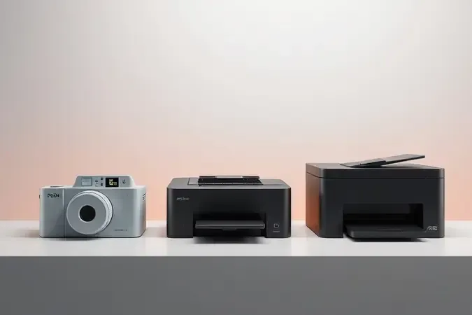 Três tipos de impressoras fotográficas lado a lado: instantânea, de mesa e grande formato profissional.