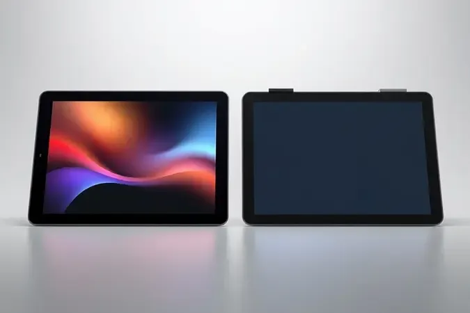 Duas mesas digitalizadoras conceituais lado a lado, uma com tela integrada e outra sem tela, em composição 3D minimalista