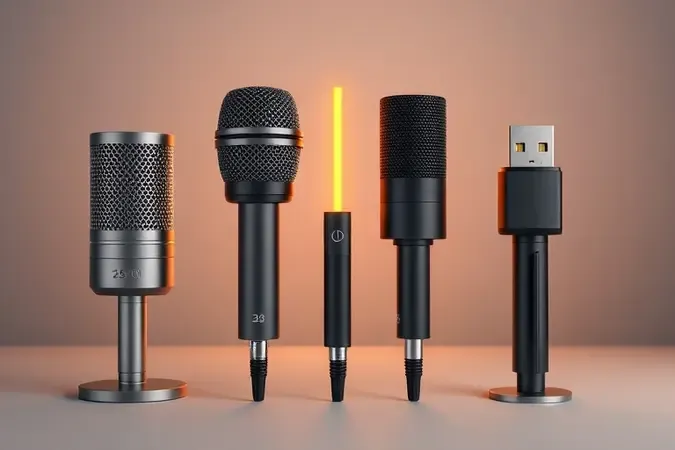 Render 3D conceitual comparando três tipos de microfones sem marca para auxiliar na escolha do modelo ideal para PC.