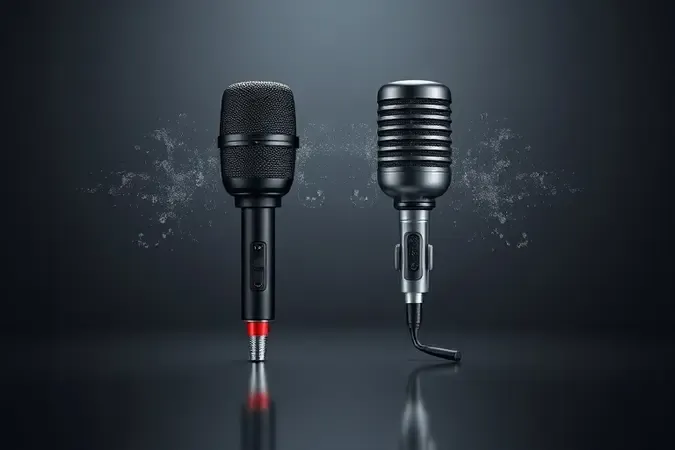 Comparação conceitual 3D entre microfone dinâmico e condensador para streaming ao vivo com representações visuais de captação sonora.