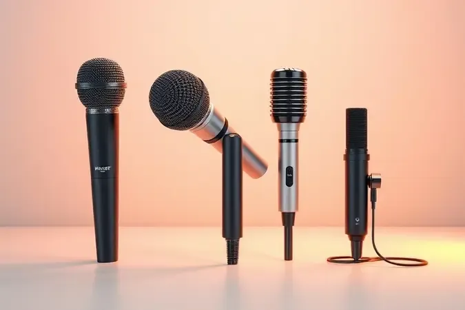 Render 3D conceitual de três tipos de microfones genéricos organizados em composição minimalista com iluminação suave.