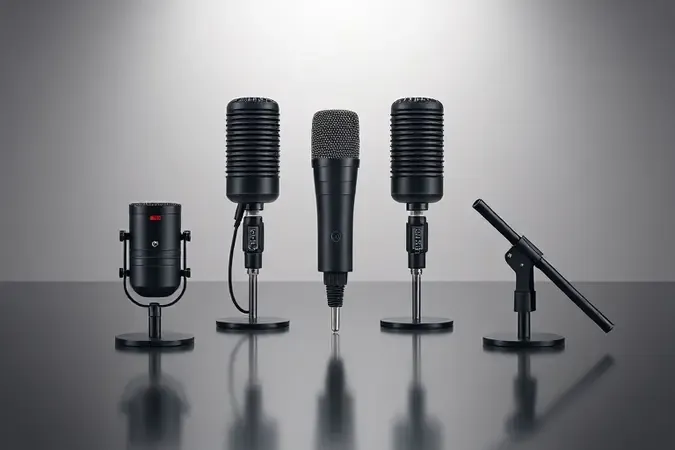 Três tipos distintos de microfones para podcast sem marca em composição minimalista sobre superfície reflexiva com iluminação difusa.