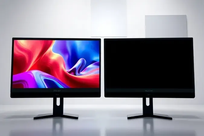 Comparação conceitual 3D entre dois tipos de painéis de monitor 4K com diferenças visuais sutis de cor e contraste.