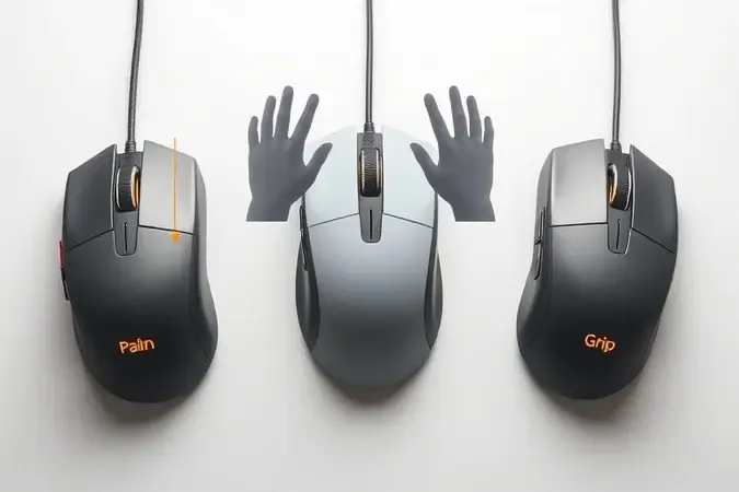 Três mouses gamer com formatos diferentes lado a lado representando tipos de pegada em renderização 3D conceitual.