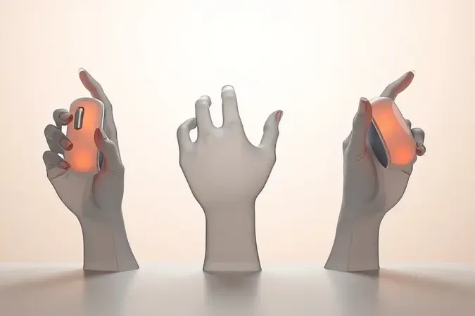 Renderização 3D conceitual ilustrando três tipos de pegada de mouse: palm grip, claw grip e fingertip grip com silhuetas translúcidas.