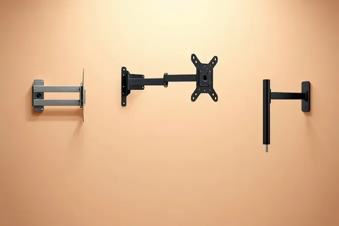 Render 3D mostrando três tipos de suportes para TV: fixo, inclinável e articulado em composição minimalista.