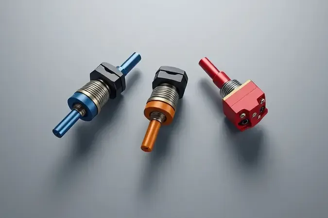 Três mecanismos de switches de teclado com cores diferentes representando tipos distintos em renderização 3D conceitual.
