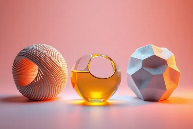Render 3D conceitual comparando diferentes tecnologias de impressão 3D com formas geométricas abstratas lado a lado.
