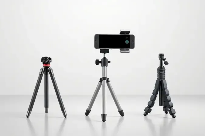 Três tipos de tripé para celular lado a lado em composição 3D: tripé de chão, mini tripé de mesa e tripé flexível com pernas ajustáveis