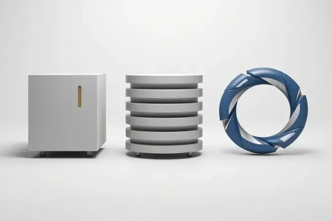 Três tipos de UPS representados por formas abstratas lado a lado em renderização 3D conceitual