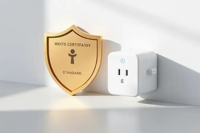 Render 3D de tomada inteligente com símbolo geométrico abstrato representando certificação e segurança.