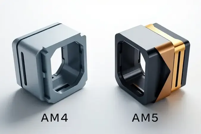 Render 3D conceitual da transição evolutiva do soquete AM4 para AM5 com formas geométricas fluindo entre tons frios e quentes