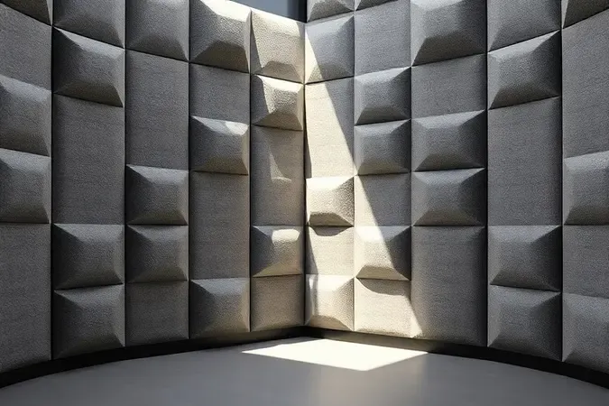 Render 3D de painéis acústicos geométricos em tons de cinza em parede de estúdio com iluminação suave representando tratamento acústico profissional.