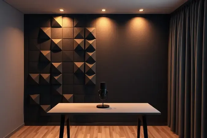 Ambiente de gravação de podcast tratado com painéis acústicos geométricos, microfone profissional e iluminação suave aconchegante.
