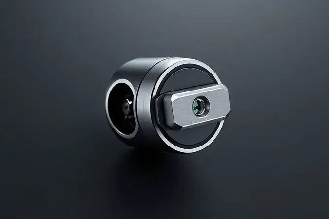 Render 3D conceitual de conector com mecanismo de trava de segurança em detalhe metálico.