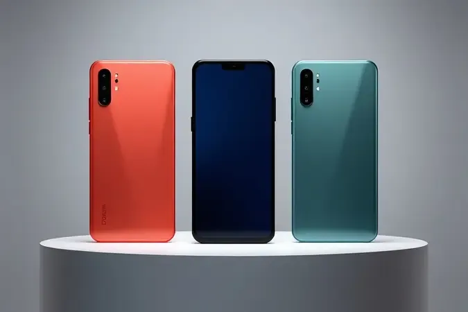 Três smartphones modernos genéricos com designs e cores distintos lado a lado sobre pedestal minimalista com iluminação atmosférica.