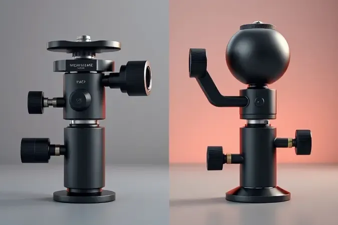 Comparação conceitual 3D entre cabeça de tripé para vídeo e cabeça para fotografia
