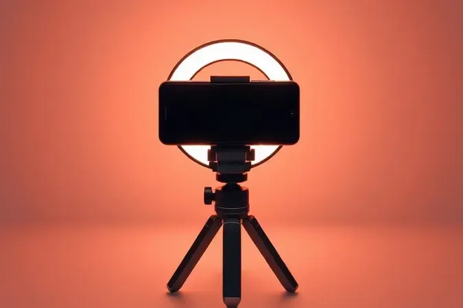 Tripé para celular com luz circular integrada em render 3D conceitual com iluminação suave e difusa sobre superfície minimalista