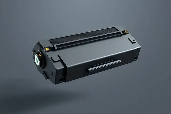 Renderização 3D conceitual de cartucho de toner e cilindro para impressora a laser em composição minimalista.