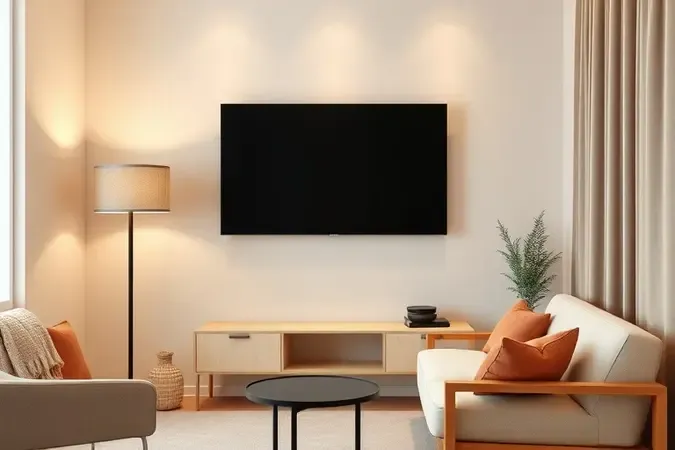 Sala pequena com TV de 50 polegadas em render 3D mostrando proporção ideal e ambiente aconchegante.