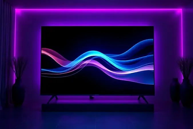 TV 55 polegadas em ambiente gamer com controle sem fio e iluminação ambiente neon em renderização 3D conceitual.