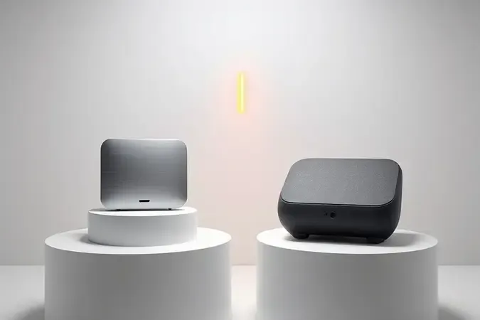 Contraste entre dispositivo de streaming certificado de alta qualidade e aparelho pirata de baixa qualidade em composição minimalista.