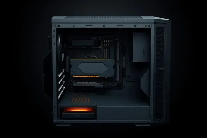 Vista superior conceitual explodida de gabinete de computador aberto revelando componentes internos estilizados com linha de destaque luminosa.