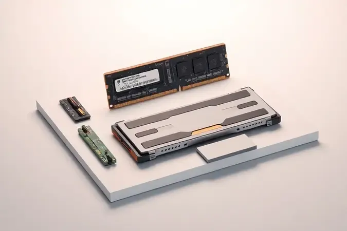 Render 3D conceitual de componentes modulares de notebook, representando a possibilidade de upgrade de memória e armazenamento.