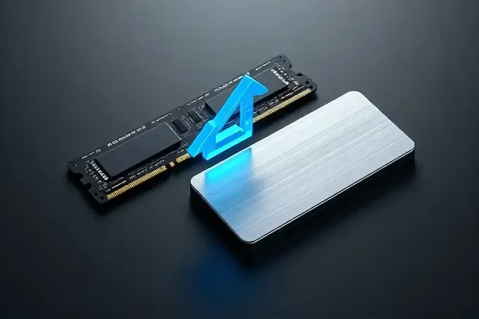 Render 3D conceitual de módulo RAM e SSD para upgrade de notebook com símbolo de melhoria de desempenho.