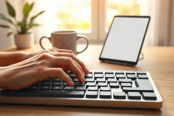 Mãos digitando em teclado sem fio em ambiente de home office iluminado com objetos cotidianos ao redor.
