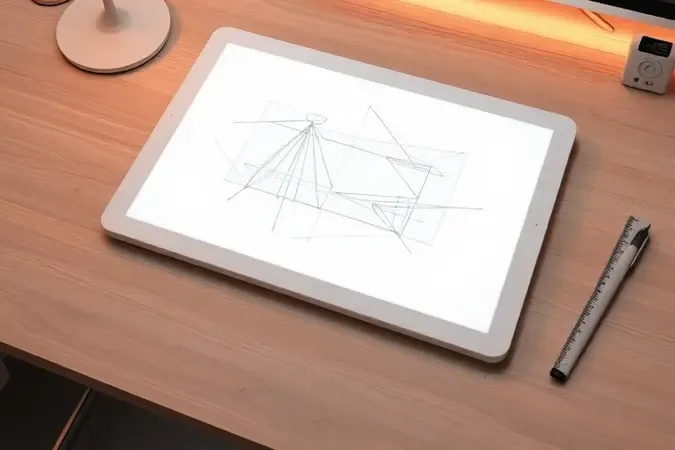 Renderização 3D conceitual mostrando as diversas utilidades de uma mesa de luz para desenho, tracing e caligrafia