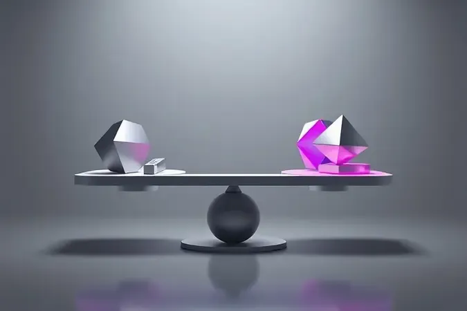 Conceito 3D de balança minimalista representando custo-benefício de investir em notebook gamer para Roblox.