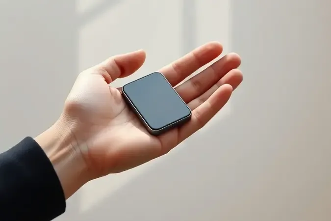 Render 3D conceitual mostrando mão segurando smartphone compacto com ergonomia perfeita representando vantagem do tamanho reduzido.
