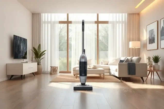 Renderização 3D conceitual mostrando aspirador vertical sem marca em sala iluminada com metáforas visuais de eficiência e limpeza.