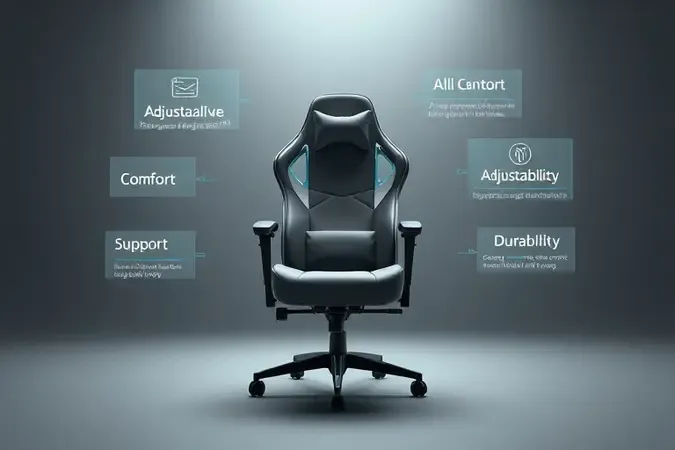 Render 3D conceitual com ícones abstratos representando vantagens de cadeira gamer como conforto e ergonomia