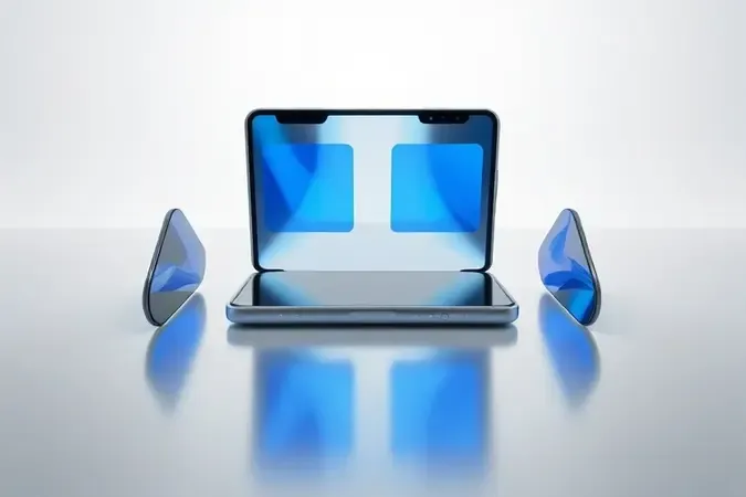Render 3D conceitual mostrando multitarefa e versatilidade de um celular dobrável moderno em estúdio clean