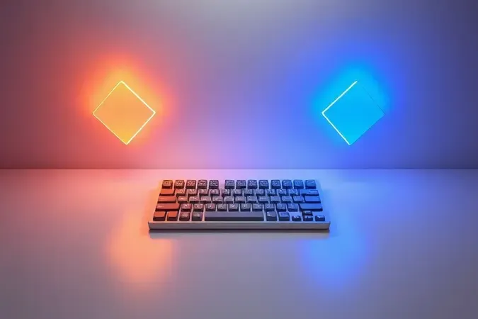 Render 3D conceitual mostrando teclado compacto com representação visual abstrata de vantagens e desvantagens em luzes contrastantes