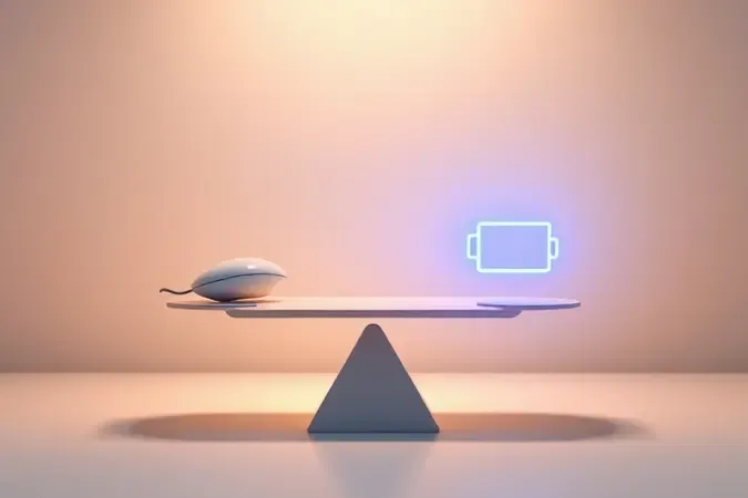 Renderização conceitual 3D representando equilíbrio entre vantagens e desvantagens do mouse sem fio em composição minimalista.