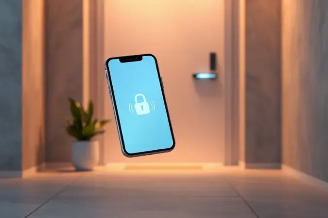Renderização 3D mostrando as vantagens da fechadura inteligente com conectividade Wi-Fi e controle remoto pelo smartphone