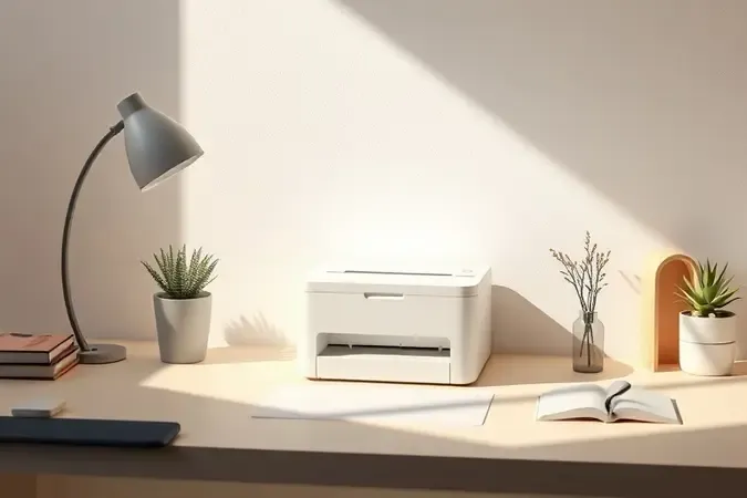 Cena 3D conceitual de impressora portátil em ambiente de trabalho moderno com luz natural suave.