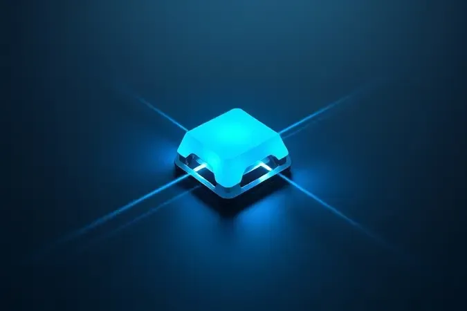 Render 3D conceitual representando velocidade dos teclados ópticos com tecla flutuante e trilhas de luz em tom ciano.