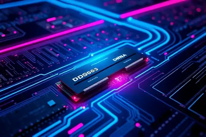 Render 3D de rastros de luz representando alta velocidade de dados sobre placa de circuito com módulo DDR5 ao centro.