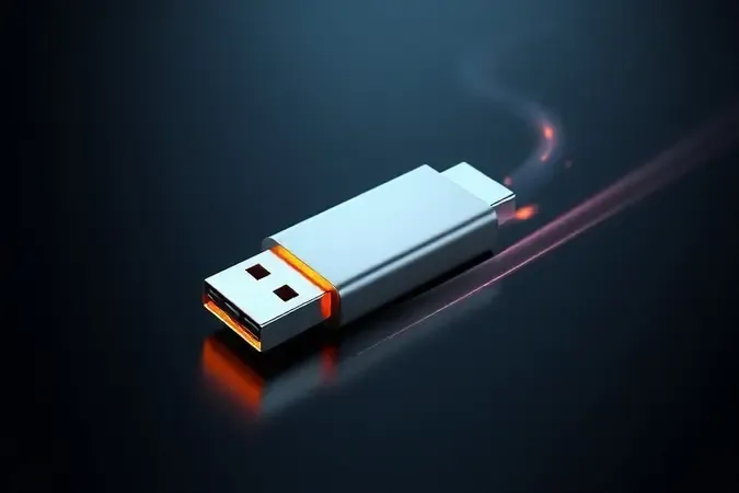 Render 3D de pen drive metálico com trilhas de luz representando velocidade de transferência e dissipação de calor.