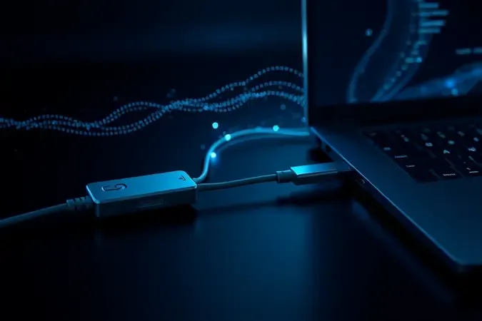 Conceito 3D de transferência de dados em alta velocidade entre leitor de cartão e laptop com fluxo de luz azul