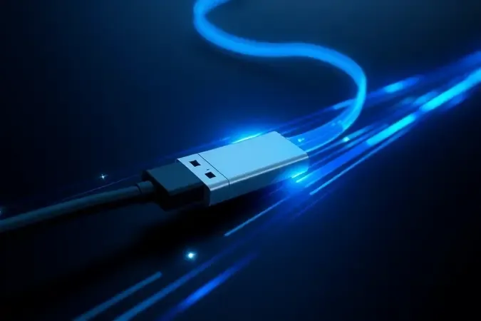 Render 3D conceitual de transferência de dados em alta velocidade com cabo conectado a HD externo minimalista e rastros de luz.