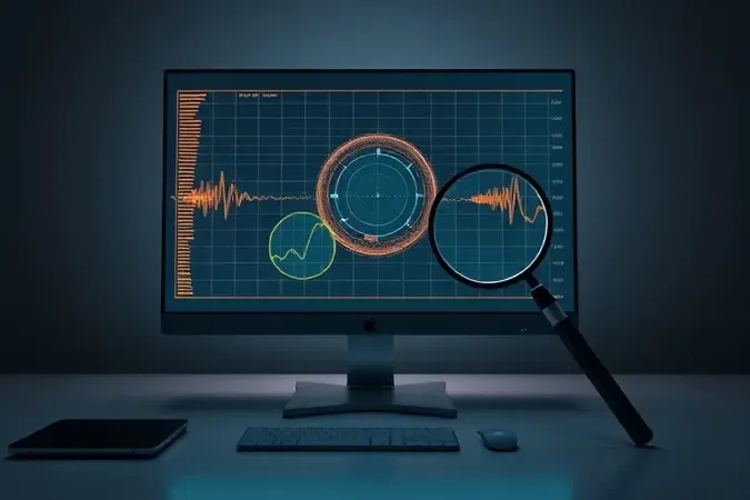Render 3D conceitual de tela com padrões abstratos de diagnóstico e lupa simbolizando verificação de taxa de atualização real do monitor