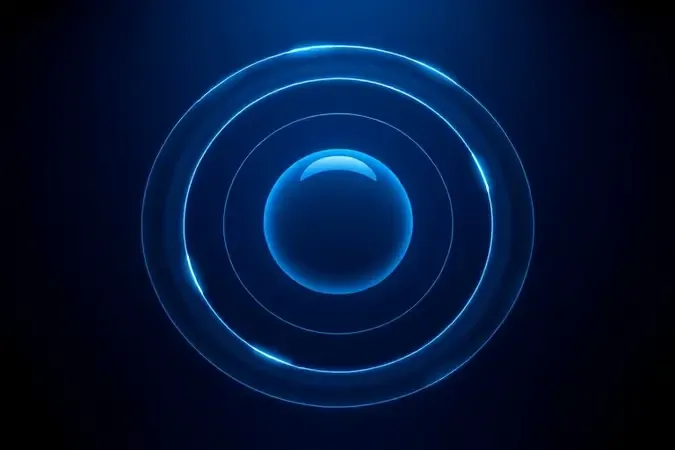 Render 3D conceitual de ondas sonoras surround 7.1 com arcos luminosos representando canais de áudio direcionais em fundo azul escuro